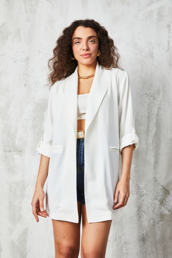 First Angels Veste Blanche Non Doublée À Col Châle Vêtements en gros Décontracté