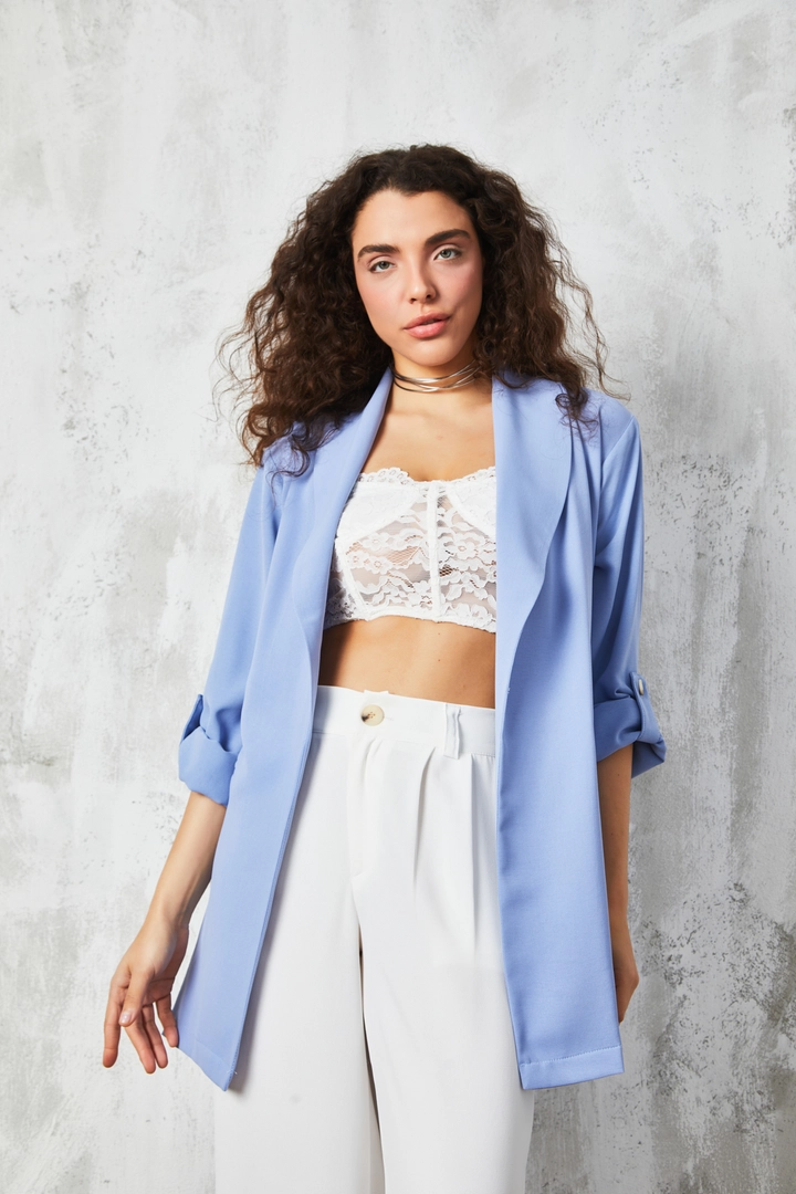 A wholesale clothing model wears fan10425-blue-shawl-collar-unlined-jacket, Turkish wholesale Jacket of First Angels