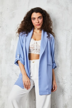 A wholesale clothing model wears fan10425-blue-shawl-collar-unlined-jacket, Turkish wholesale Jacket of First Angels