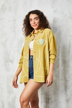 A wholesale clothing model wears fan10426-oil-green-embroidered-shirt, Turkish wholesale Shirt of First Angels