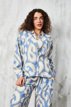 A wholesale clothing model wears fan10432-blue-patterned-suit, Turkish wholesale Suit of First Angels
