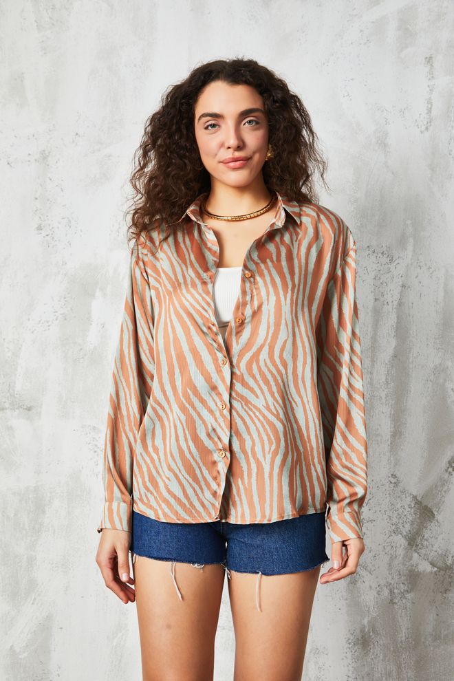 First Angels Chemise Marron À Motif Zèbre Et Col En V Vêtements en gros Décontracté