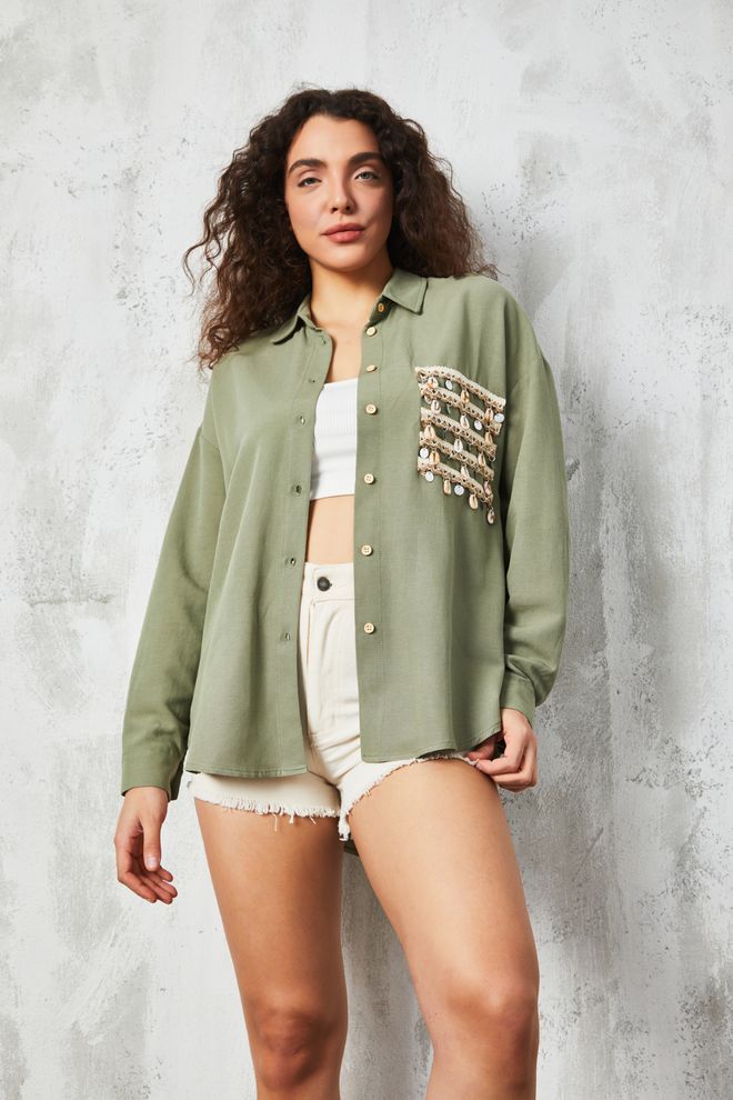 First Angels Cămașă De In Detaliată Cu Accesorii Kaki Îmbrăcăminte cu ridicata Casual