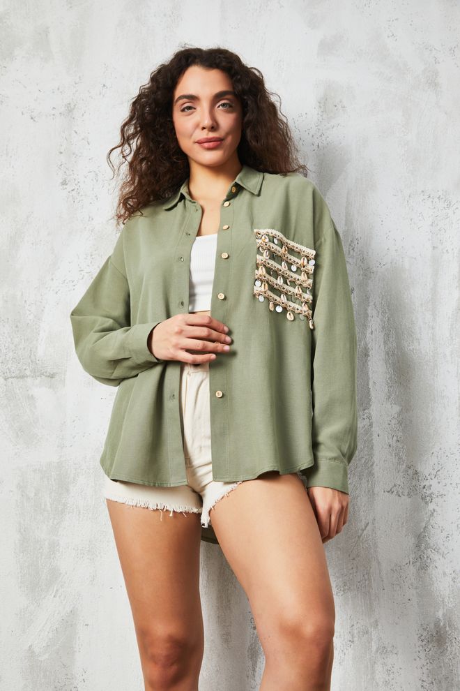 First Angels Detailliertes Leinenhemd Mit Khaki Accessoires Großhandelskleidung Leinen