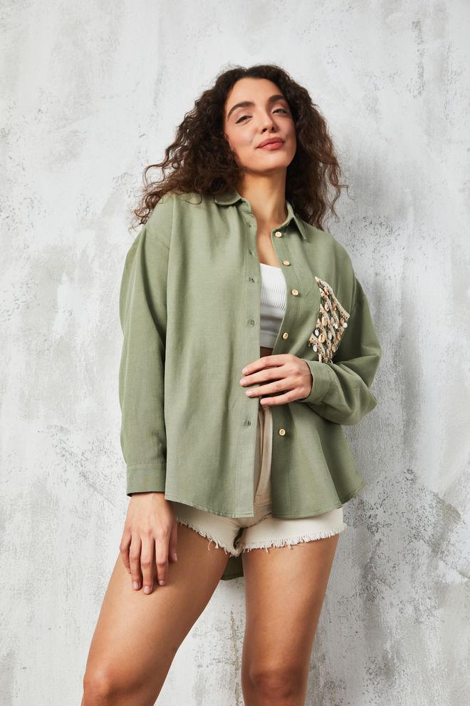 First Angels Detailliertes Leinenhemd Mit Khaki Accessoires Großhandelskleidung Geburtstag