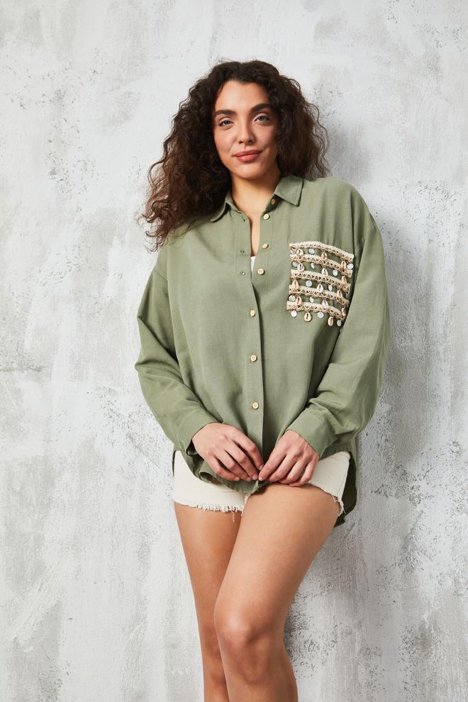 First Angels Detailliertes Leinenhemd Mit Khaki Accessoires Großhandelskleidung Sommer