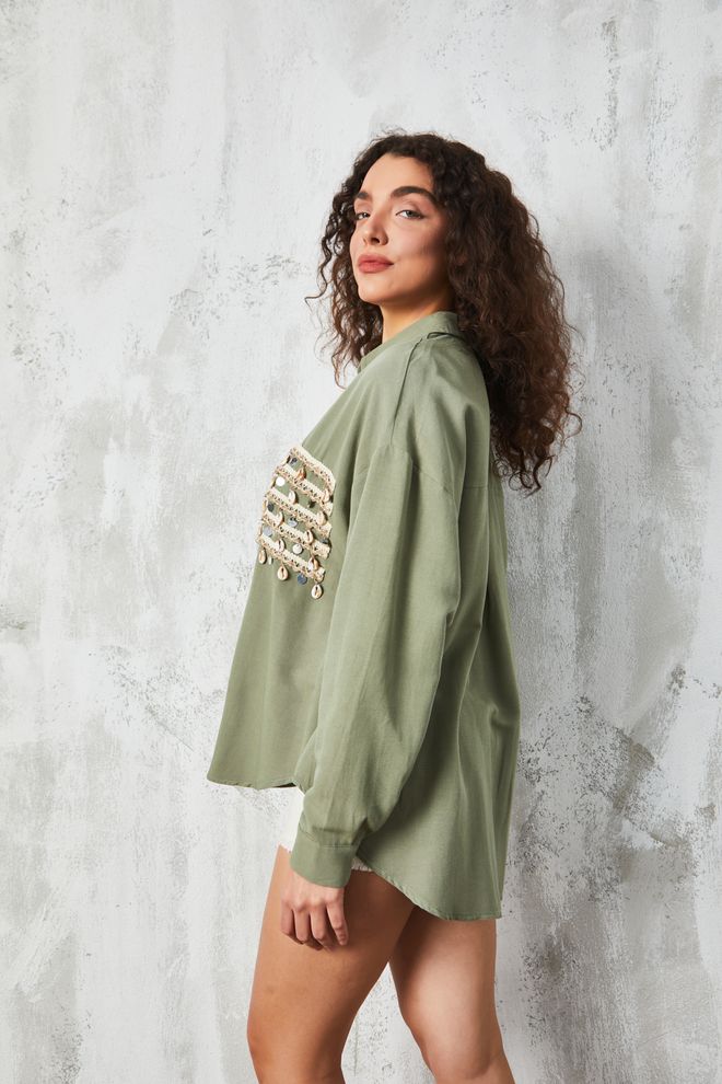 First Angels Detailliertes Leinenhemd Mit Khaki Accessoires Großhandelskleidung Baumwolle