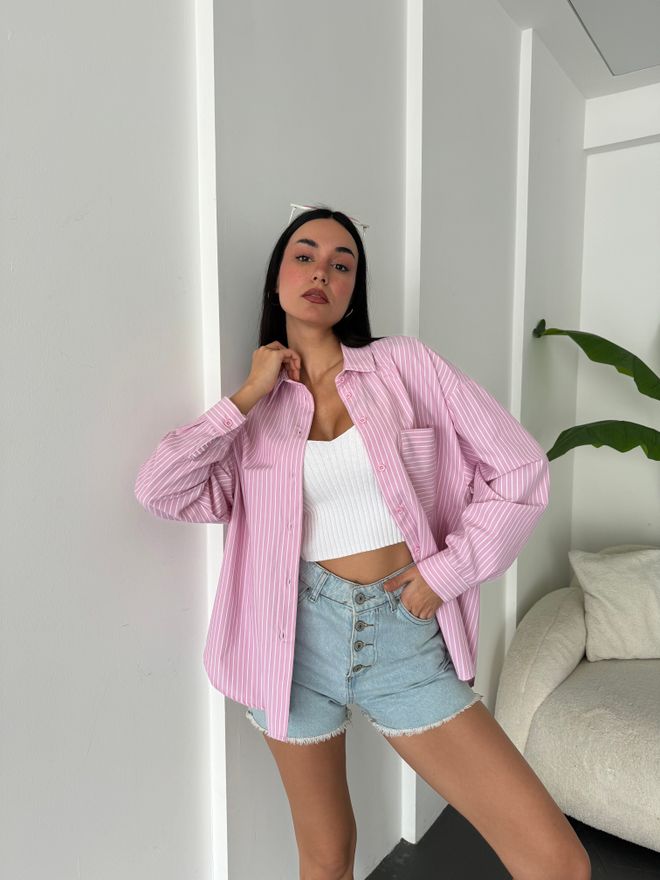 First Angels Pink And White Striped Oversize Pocket Shirt 27135 Wholesale Clothing Polyester