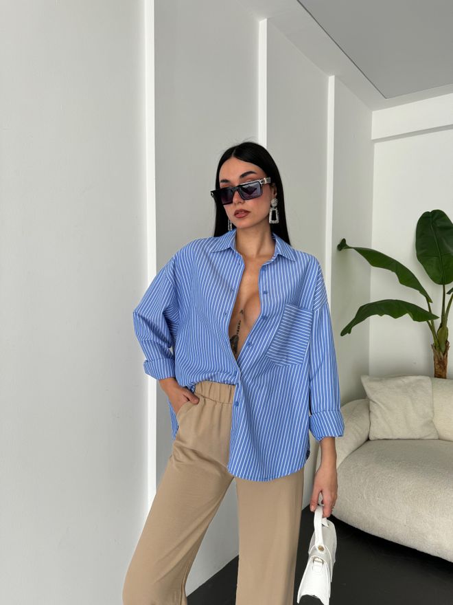 First Angels Blue White Striped Oversize Pocket Shirt 27135 Wholesale Clothing Polyester