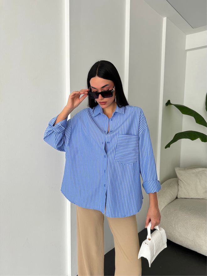 First Angels Blue White Striped Oversize Pocket Shirt 27135 Wholesale Clothing Fall