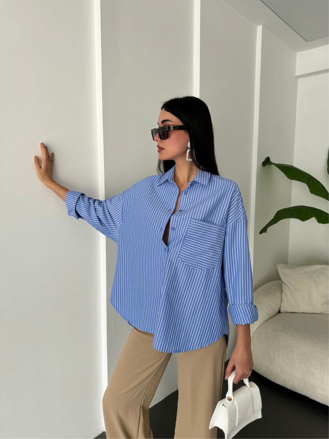 First Angels Blue White Striped Oversize Pocket Shirt 27135 Wholesale Clothing Formal