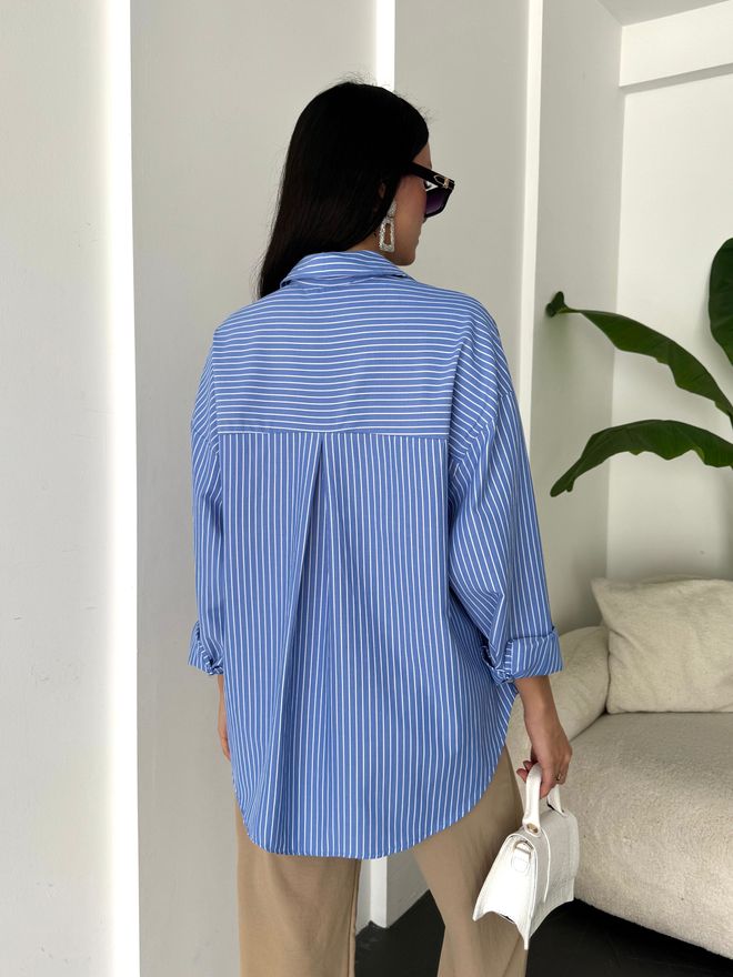 First Angels Blue White Striped Oversize Pocket Shirt 27135 Wholesale Clothing Lycra