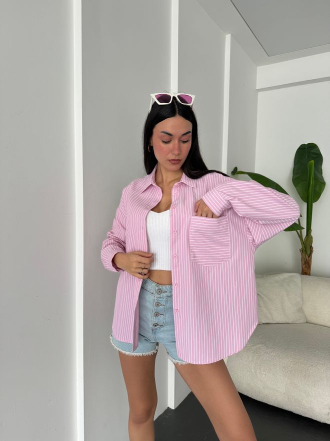 First Angels Pink And White Striped Oversize Pocket Shirt 27135 Wholesale Clothing Birthday