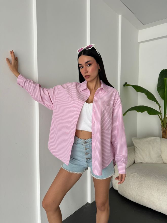 First Angels Pink And White Striped Oversize Pocket Shirt 27135 Wholesale Clothing Fall