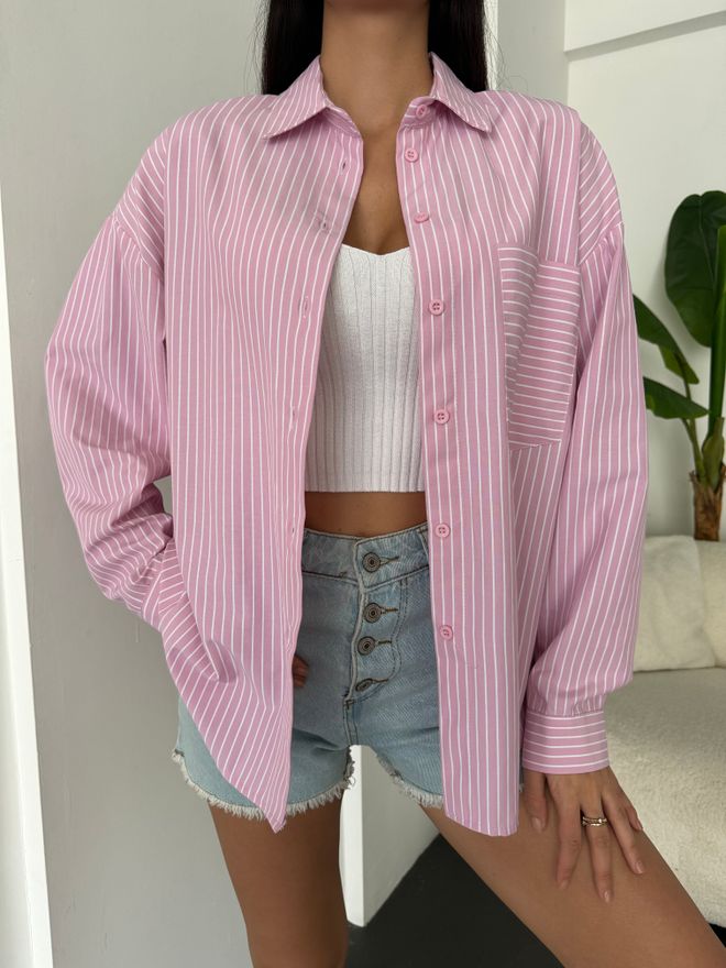 First Angels Pink And White Striped Oversize Pocket Shirt 27135 Wholesale Clothing Lycra