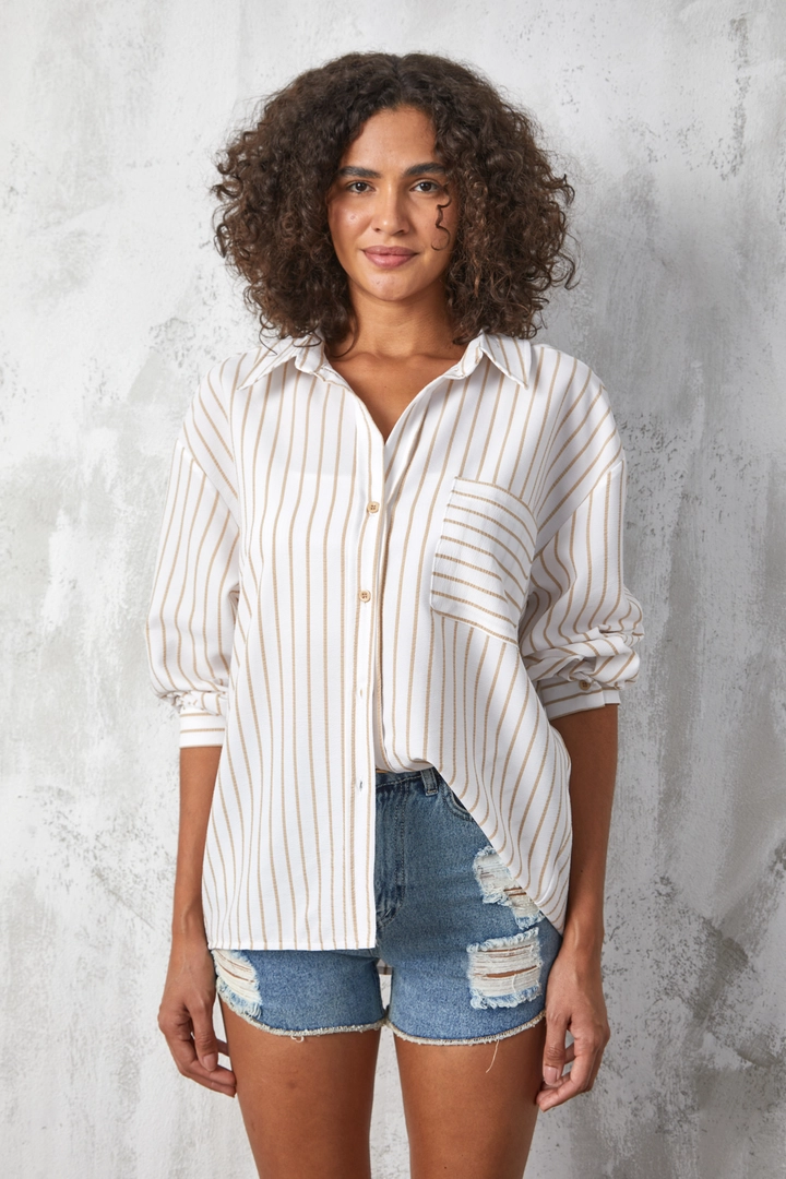 A wholesale clothing model wears fan10494-beige-stripe-printed-oversize-pocket-shirt, Turkish wholesale Shirt of First Angels