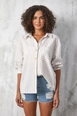 A wholesale clothing model wears fan10494-beige-stripe-printed-oversize-pocket-shirt, Turkish wholesale  of 