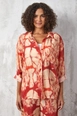 A wholesale clothing model wears fan10495-brick-mango-fabric-patterned-oversize-shirt, Turkish wholesale  of 