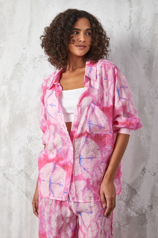 First Angels Pink Mango Fabric Patterned Oversize Shirt Wholesale Clothing Nylon
