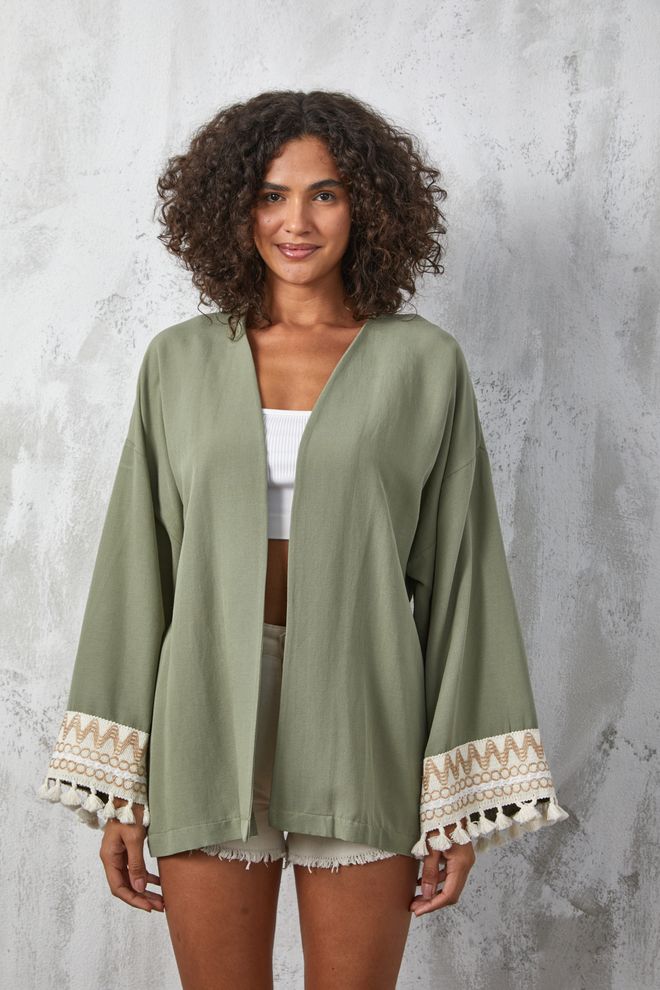 First Angels Linnen Kimono pet Met Kaki Accessoires Groothandel Kleding Casual