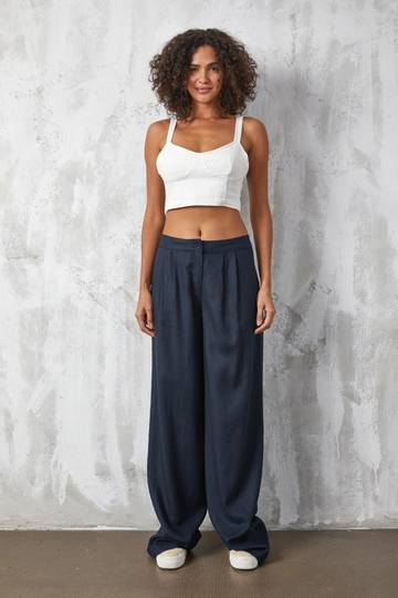 A wholesale clothing model wears  Navy Blue Linen Palazzo Trousers
, Turkish wholesale Pants of First Angels