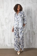 A wholesale clothing model wears fan10596-indigo-shiny-fabric-patterned-set, Turkish wholesale  of 