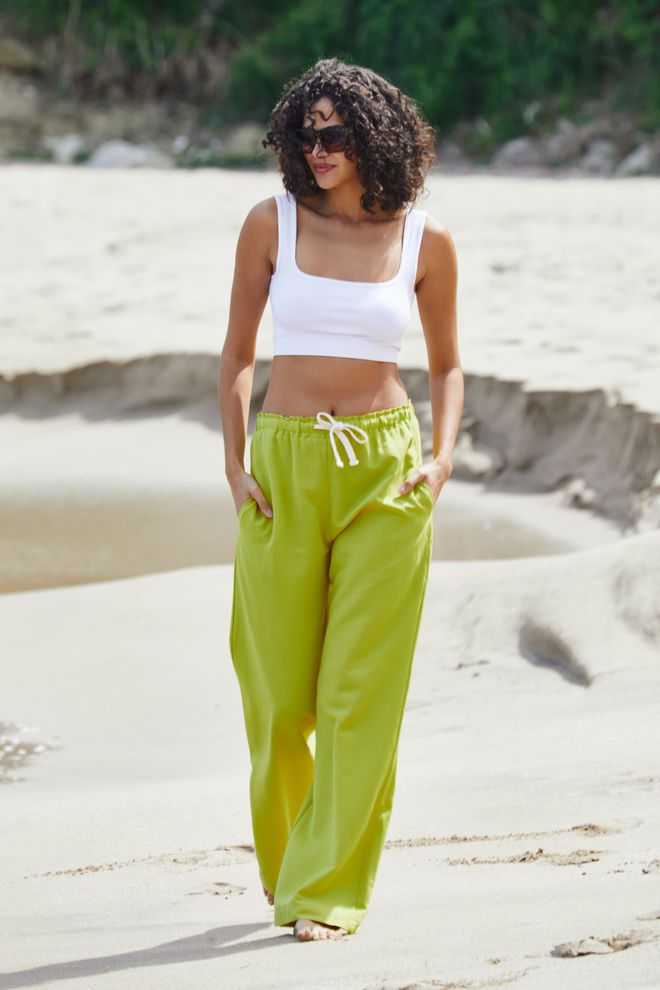 First Angels Green Linen Loose Cut Trousers With Lace Detail Wholesale Clothing Linen
