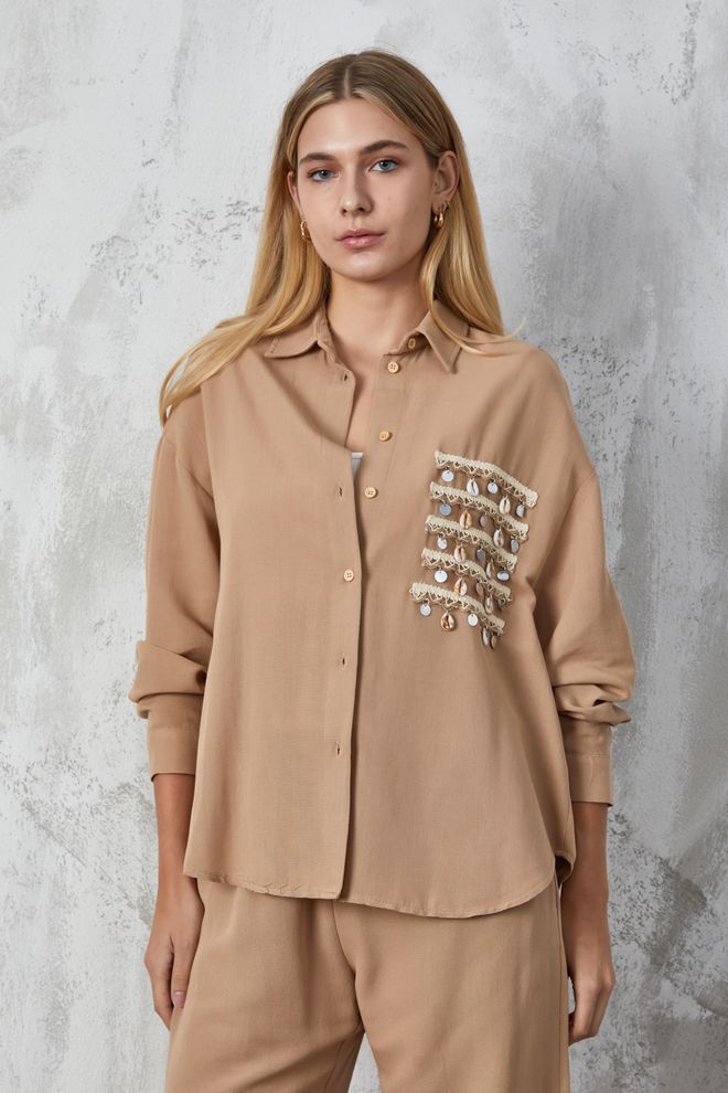 First Angels Oversized Linnen Overhemd Met Camelaccessoires Groothandel Kleding Casual