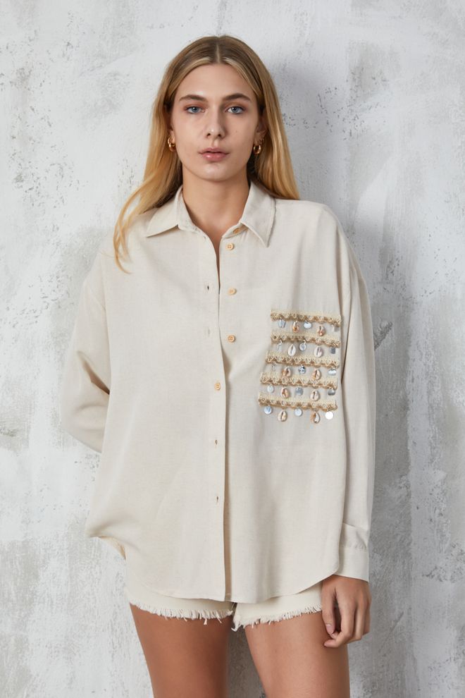 First Angels Lniana Koszula Oversize Z Naturalnymi Dodatkami Hurtowa sprzedaż odzieży Casual