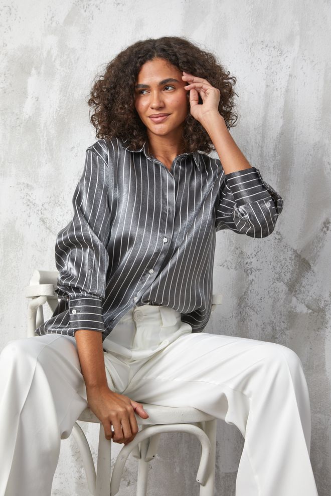 First Angels Chemise Rayée Noire En Tissu Brillant Vêtements en gros Décontracté