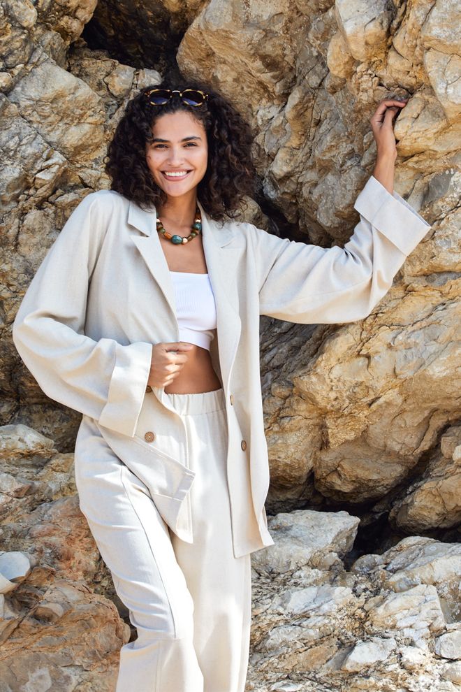 First Angels Natur Wide Cut Linen Jacket With Side Slit Detail Wholesale Clothing Casual