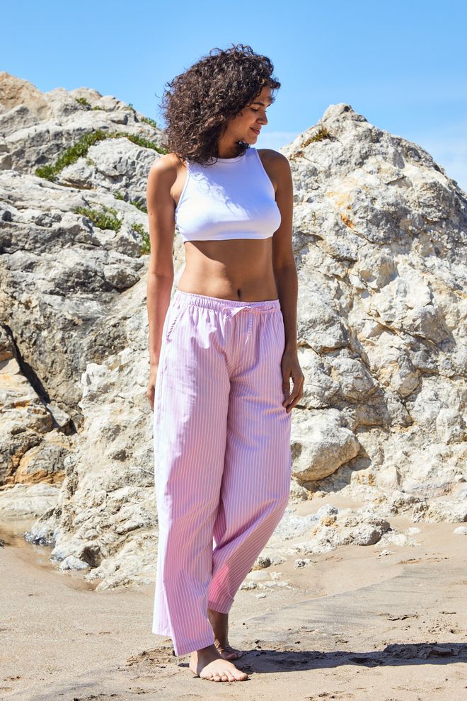 First Angels Roze Elastische Breed Gesneden Gestreepte Broek Met Lage Taille Groothandel Kleding Polyester