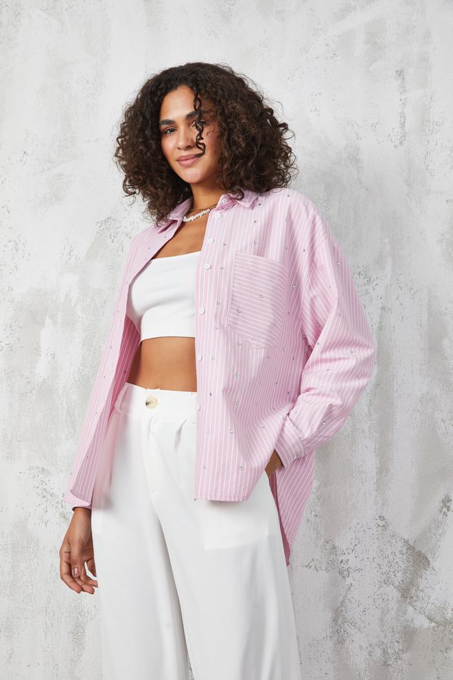 First Angels Pink Stone Detailed Striped Wide Cut Shirt Wholesale Clothing Polyester