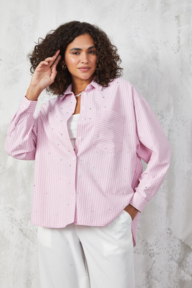 First Angels Pink Stone Detailed Striped Wide Cut Shirt Wholesale Clothing Birthday