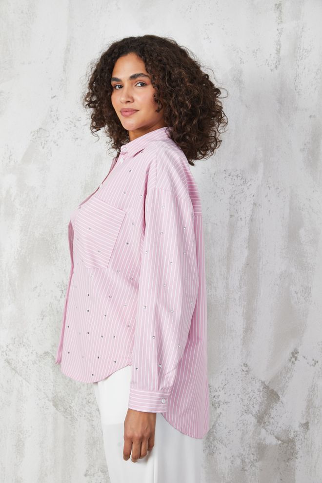 First Angels Pink Stone Detailed Striped Wide Cut Shirt Wholesale Clothing Summer