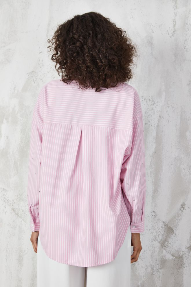 First Angels Pink Stone Detailed Striped Wide Cut Shirt Wholesale Clothing Formal