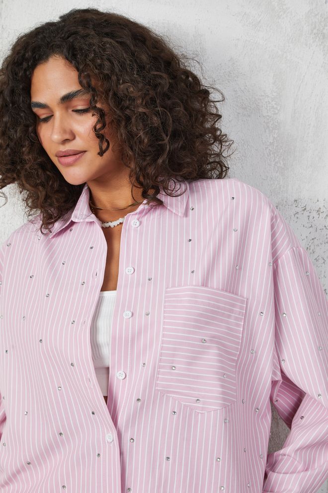 First Angels Pink Stone Detailed Striped Wide Cut Shirt Wholesale Clothing Cotton