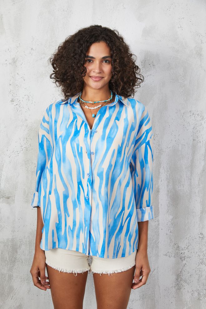 First Angels Chemise Bleue À Motif Zèbre En Modal Vêtements en gros Décontracté