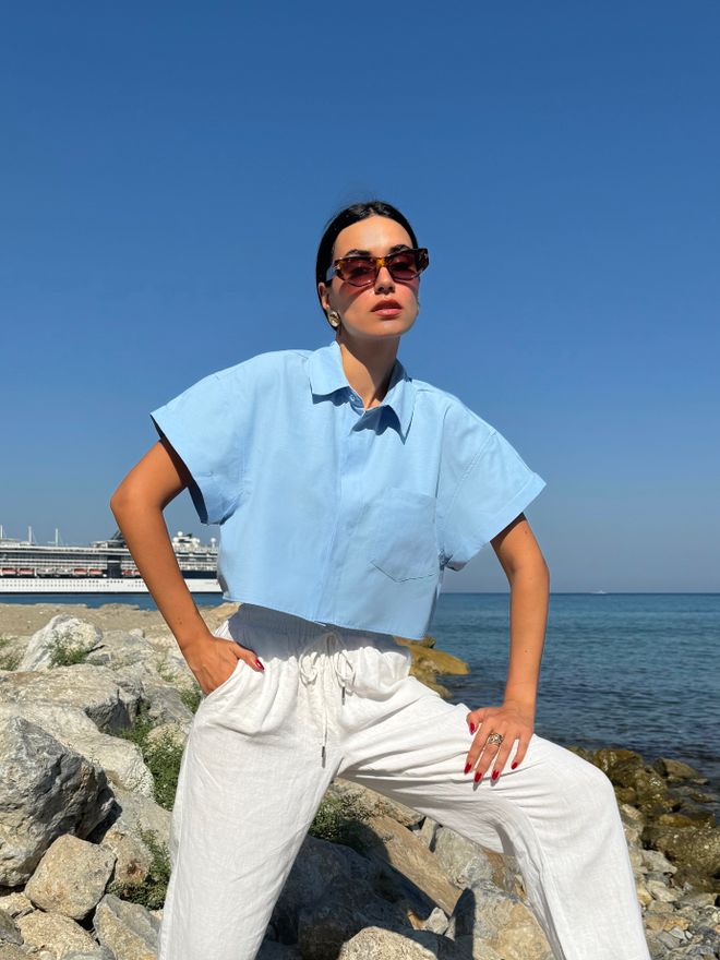 First Angels Blue Oversize Short Sleeve Short Cotton Shirt Wholesale Clothing Casual