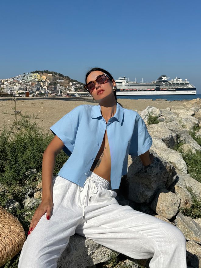 First Angels Camisa Corta Oversize De Algodón De Manga Corta Azul Ropa al por mayor Poliéster