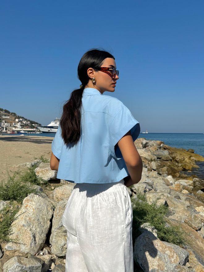 First Angels Camisa Corta Oversize De Algodón De Manga Corta Azul Ropa al por mayor Verano