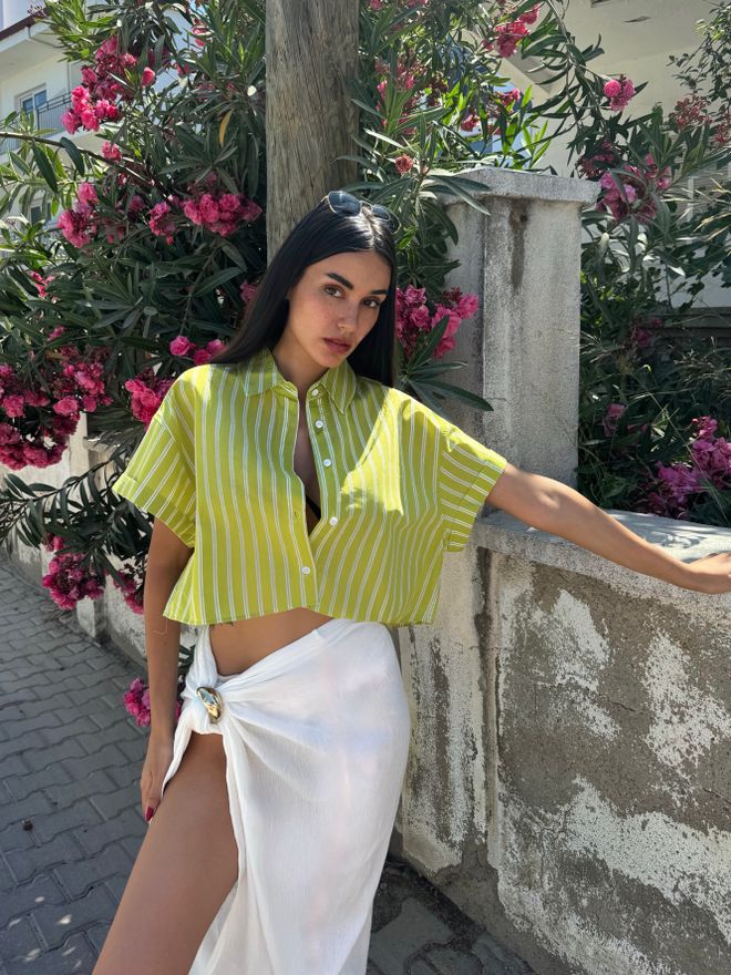 First Angels Green White Striped Oversize Short Sleeve Short Cotton Shirt Wholesale Clothing Casual
