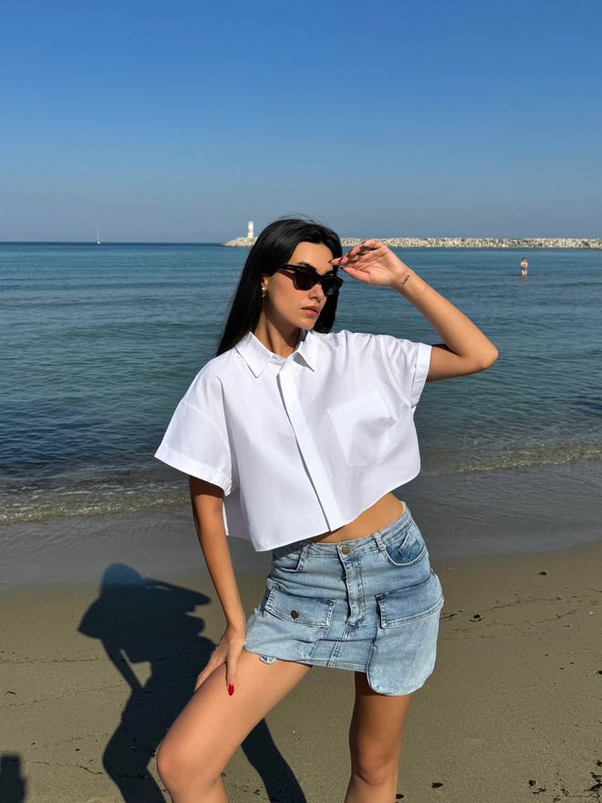 First Angels White Oversize Short Sleeve Short Cotton Shirt Wholesale Clothing Casual