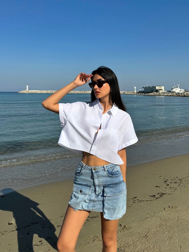 First Angels White Oversize Short Sleeve Short Cotton Shirt Wholesale Clothing Polyester