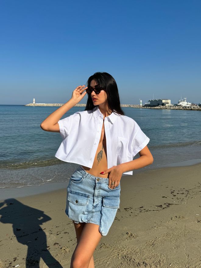 First Angels White Oversize Short Sleeve Short Cotton Shirt Wholesale Clothing Summer