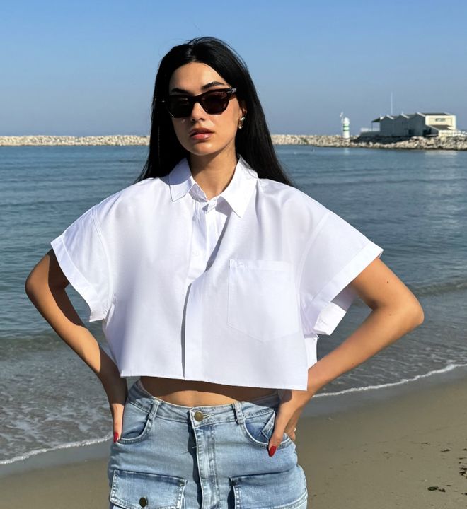 First Angels White Oversize Short Sleeve Short Cotton Shirt Wholesale Clothing Formal