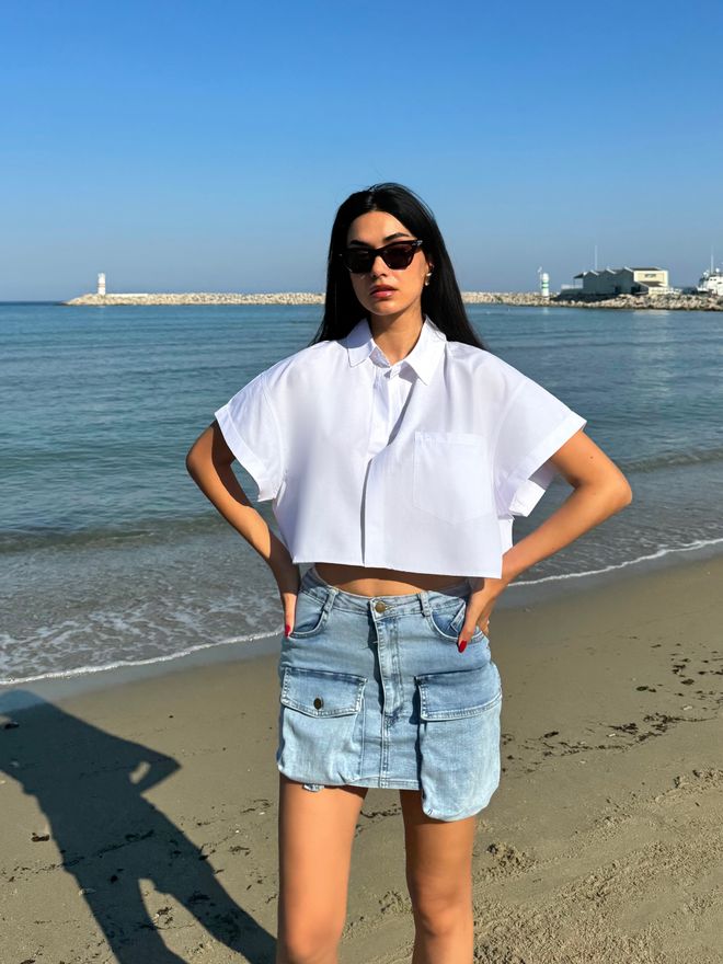 First Angels White Oversize Short Sleeve Short Cotton Shirt Wholesale Clothing Cotton