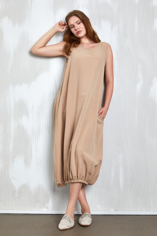 First Angels Abito Dettagliato Elastico Sul Fondo In Lino Cammello 27310 Abbigliamento all'ingrosso Casuale