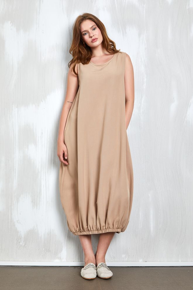 First Angels Платье Camel Linen Bottom Rubber Detail 27310 Оптовая продажа одежды Шерсть
