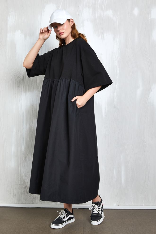 First Angels Robe Longue Surdimensionnée Tissée En Coton Peigné Noir 27258 Vêtements en gros Décontracté